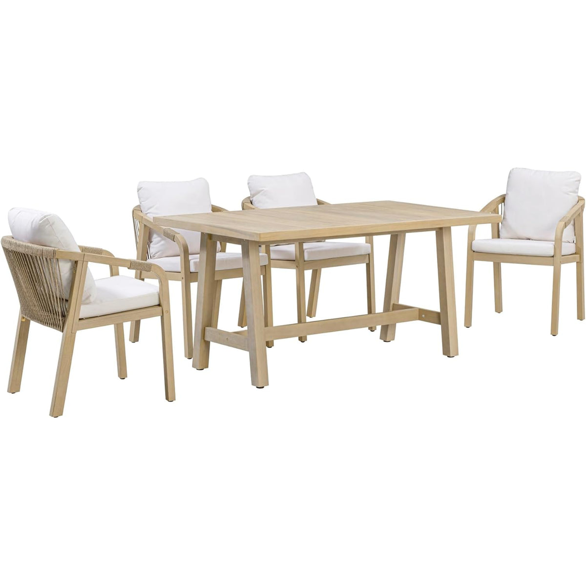 5-Piece Outdoor Dining Set, Solid Eucalyptus Wood Patio Furniture with Handwoven Rope Chairs, Weather-Resistant Cushions, Large Table for Backyard, Deck or Balcony, Natural Finish