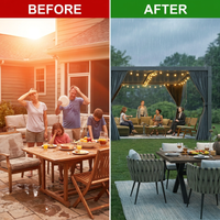 12X20 Louvered Pergola,Dark Grey Aluminum Frame with Adjustable Rainproof Roof, Featuring Waterproof Curtains and Nets — Before & After