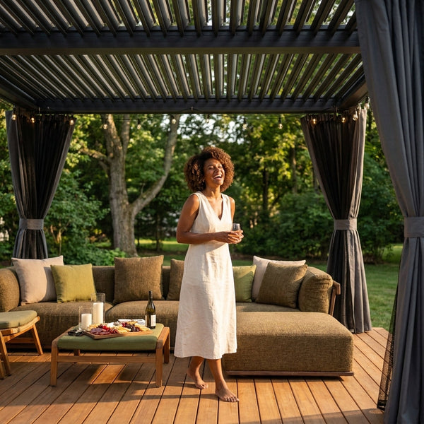 Aluminum Louvered Pergola Built for Year-Round Use, 12x20 Adjustable Roof, Waterproof Curtains, Dark Grey Frame