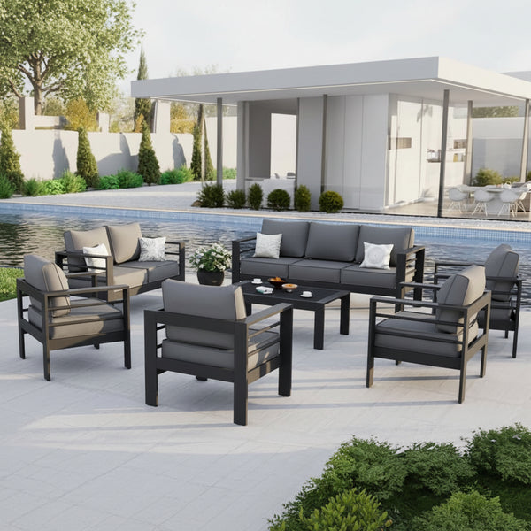 Aluminum Patio Furniture Set, 7 Piece Metal Outdoor Set, Patio Furniture Set with Waterproof Covers for Backyard Garden（Grey）