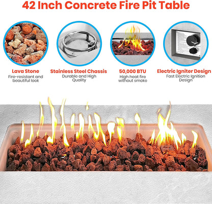 Concrete Outdoor Propane Fire Pit Table, 50,000 BTU Square Gas Fire Table with Adjustable Flame, Lava Rocks, Weather-Resistant Design, and Protective Cover for Patio, Deck, or Backyard