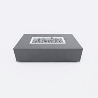 Concrete Fire Pit Table Built for Multi-Function Use, Rectangular Design, Ceramic Sphere Guard, Outdoor Dining