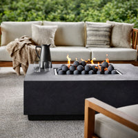 Concrete Fire Pit Table Built for Multi-Function Use, Rectangular Design, Ceramic Sphere Guard, Outdoor Dining