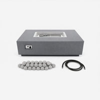 Concrete Fire Pit Table Built for Multi-Function Use, Rectangular Design, Ceramic Sphere Guard, Outdoor Dining