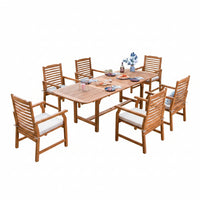 Wood Patio Dining Set Designed for Outdoor Living, 7-Piece Acacia Wood, Extendable Table, Beige Cushions