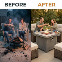 34 Inch Square Concrete Propane Fire Pit Table with Lava Rocks and Cover 50,000 BTU — Before & After