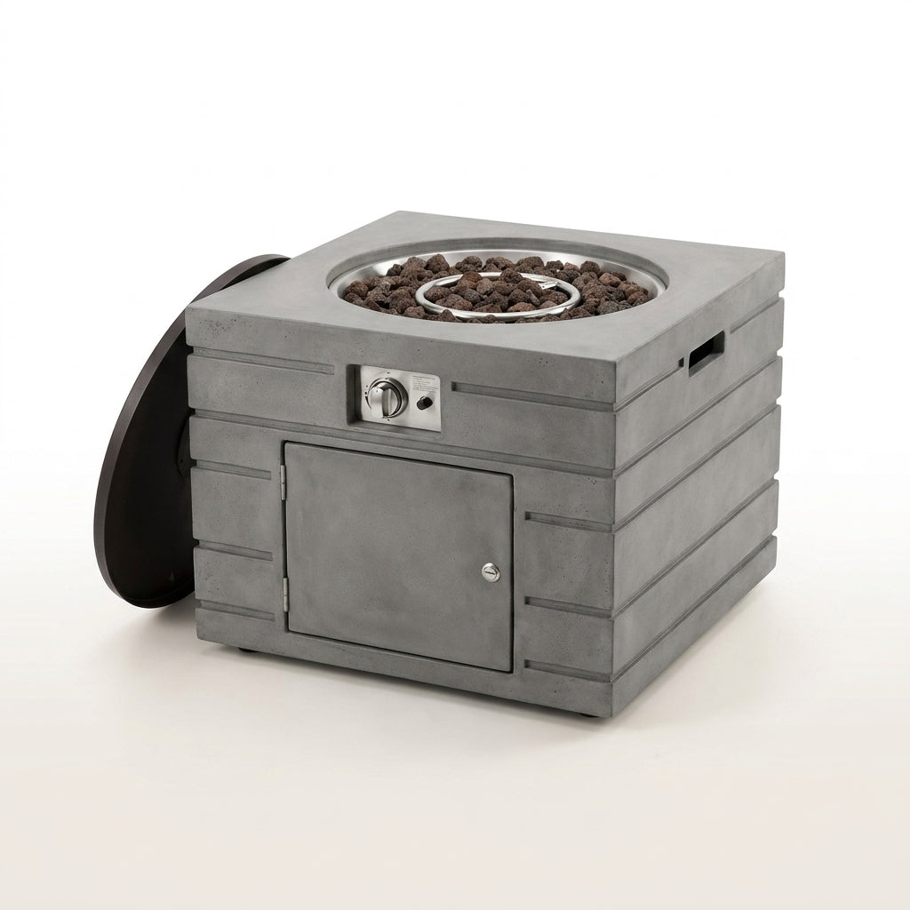 34 Inch Square Concrete Propane Fire Pit Table with Lava Rocks and Cover 50,000 BTU — Studio Shot
