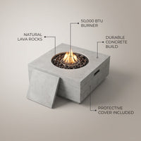 34 Inch Square Concrete Propane Fire Pit Table with Lava Rocks and Cover 50,000 BTU — infographic
