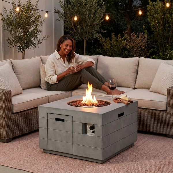 Propane Fire Pit Table Built for Outdoor Gatherings, 50,000 BTU, Concrete Top, Lava Rocks Included