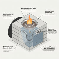 34 Inch Square Concrete Propane Fire Pit Table with Lava Rocks and Cover 50,000 BTU — How It Works