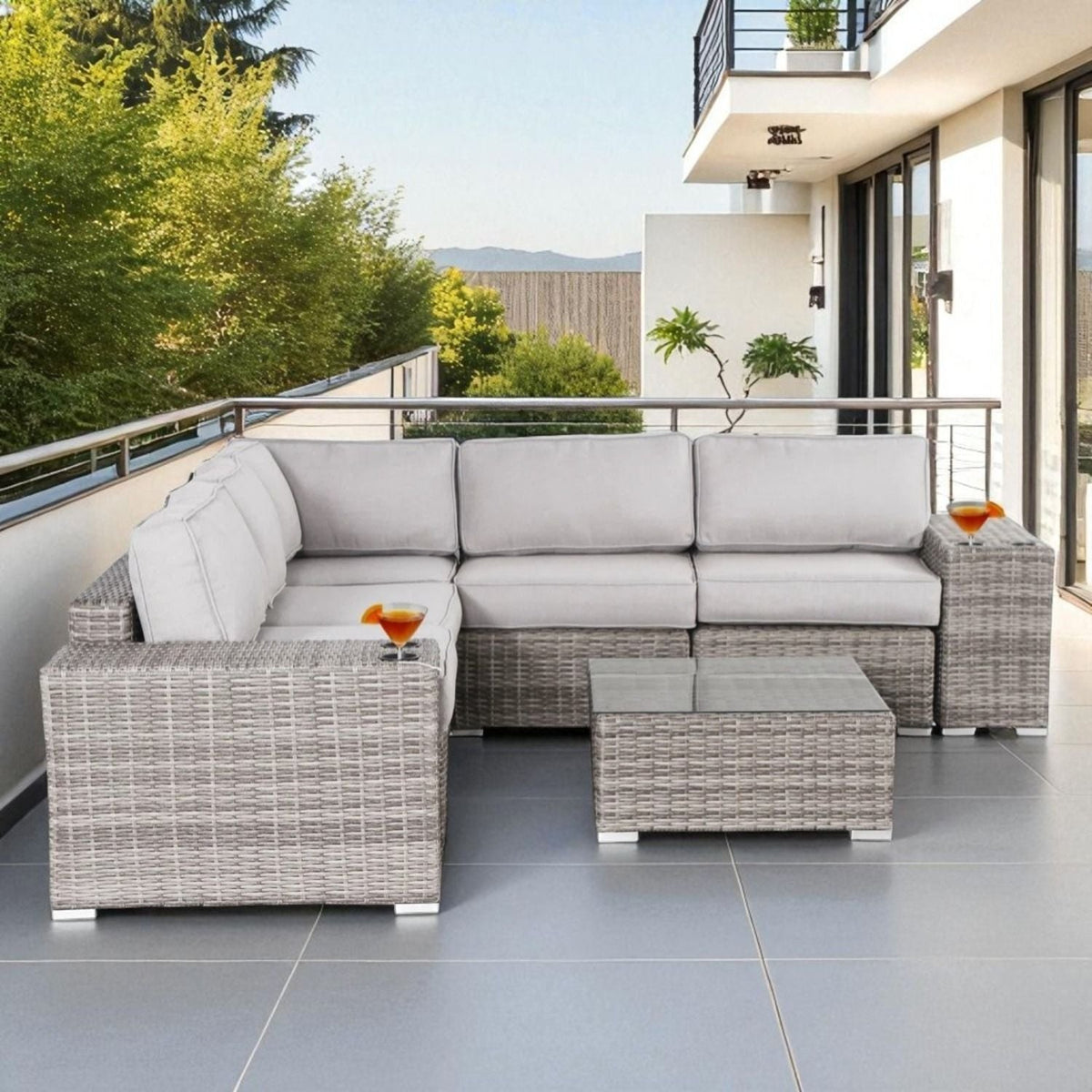 Modern Patio Rattan Sectional Set With Cushions