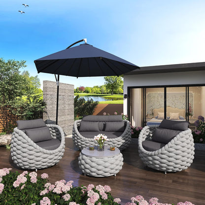 6-Piece Aluminum Patio Furniture Set, Olefin Rope Modern Outdoor Conversation Set Sectional Sofa with Water Repellent Thick Cushions and Coffee Table for Balcony, Garden, Light Grey