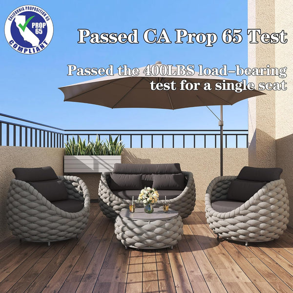 6-Piece Aluminum Patio Furniture Set, Olefin Rope Modern Outdoor Conversation Set Sectional Sofa with Water Repellent Thick Cushions and Coffee Table for Balcony, Garden, Light Grey