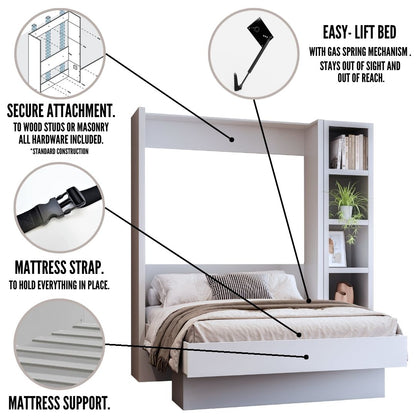 Easy-Lift Queen Murphy Wall Bed in White with Bookshelf