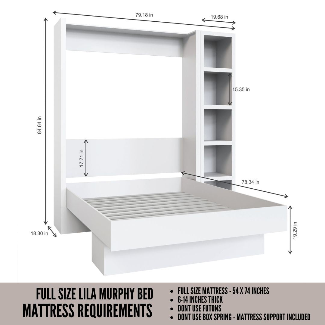 Easy-Lift Full Murphy Wall Bed in Natural Brown Wood Grain with Bookshelf