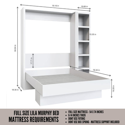Easy-Lift Full Murphy Wall Bed in White with Bookshelf