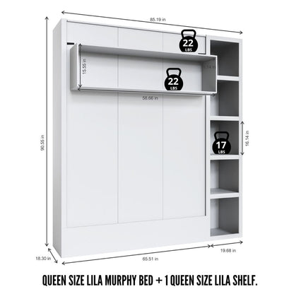 Easy-Lift Queen Murphy Wall Bed in White with Bookshelf