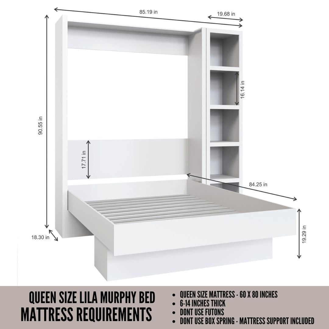 Easy-Lift Queen Murphy Wall Bed in White with Bookshelf