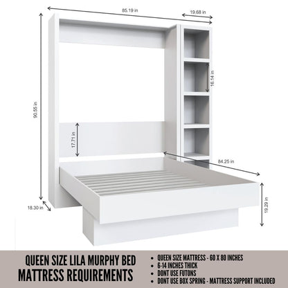 Easy-Lift Queen Murphy Wall Bed in White with Bookshelf