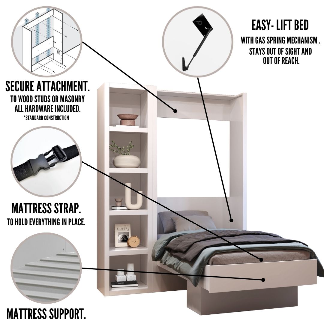 Easy-Lift Twin Murphy Wall Bed in Grey with Bookshelf