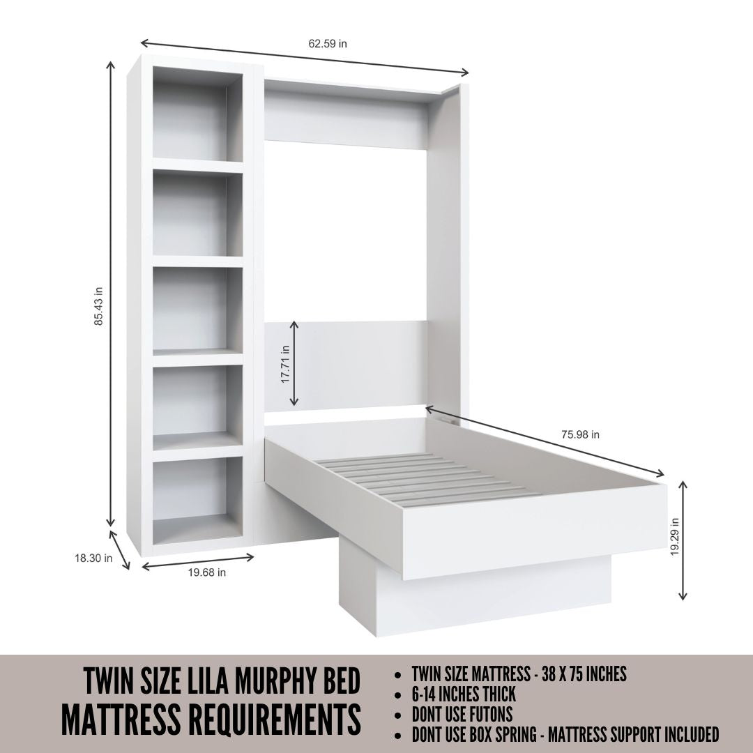 Easy-Lift Twin Murphy Wall Bed in Black with Bookshelf