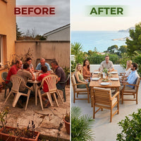 Brown 7-Piece Wood Patio Outdoor Dining Set with Extendable Table and Wood Chairs with Beige Cushion — Before & After