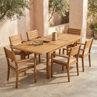 Brown 7-Piece Wood Patio Outdoor Dining Set with Extendable Table and Wood Chairs with Beige Cushion — Studio Shot