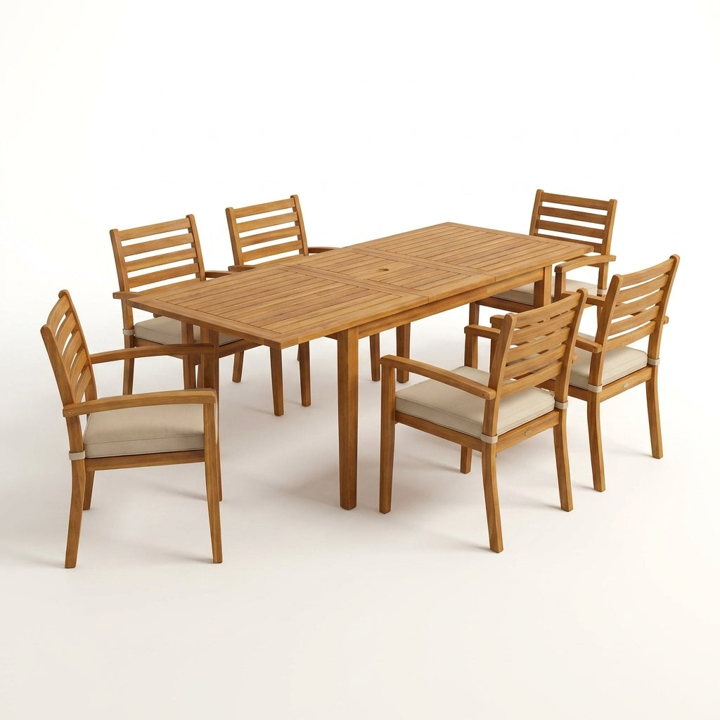 Brown 7-Piece Wood Patio Outdoor Dining Set with Extendable Table and Wood Chairs with Beige Cushion — Studio Shot