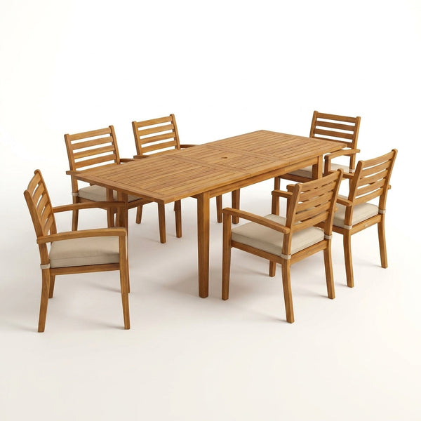 Brown 7-Piece Wood Patio Outdoor Dining Set with Extendable Table and Wood Chairs with Beige Cushion — Studio Shot