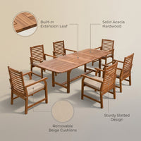 Brown 7-Piece Wood Patio Outdoor Dining Set with Extendable Table and Wood Chairs with Beige Cushion — infographic