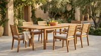 Brown 7-Piece Wood Patio Outdoor Dining Set with Extendable Table and Wood Chairs with Beige Cushion — Lifestyle
