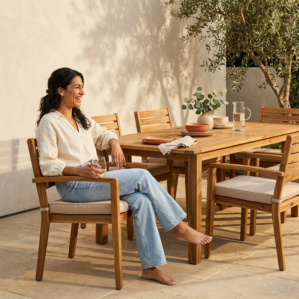 Wood Patio Dining Set Designed for Outdoor Living, 7-Piece Acacia Wood, Extendable Table, Beige Cushions