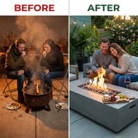 Concrete Fire Pit Table Built for Multi-Function Use, Rectangular Design, Ceramic Sphere Guard, Outdoor Dining — Before & After