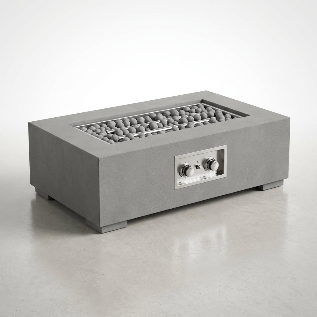 Concrete Fire Pit Table Built for Multi-Function Use, Rectangular Design, Ceramic Sphere Guard, Outdoor Dining — Studio Shot