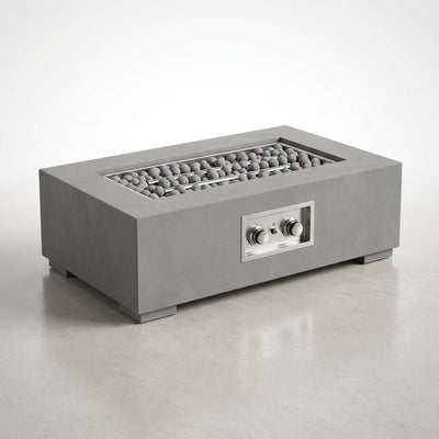 Concrete Fire Pit Table Built for Multi-Function Use, Rectangular Design, Ceramic Sphere Guard, Outdoor Dining