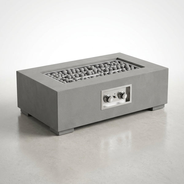Concrete Fire Pit Table Built for Multi-Function Use, Rectangular Design, Ceramic Sphere Guard, Outdoor Dining — Studio Shot