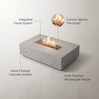 Concrete Fire Pit Table Built for Multi-Function Use, Rectangular Design, Ceramic Sphere Guard, Outdoor Dining — infographic