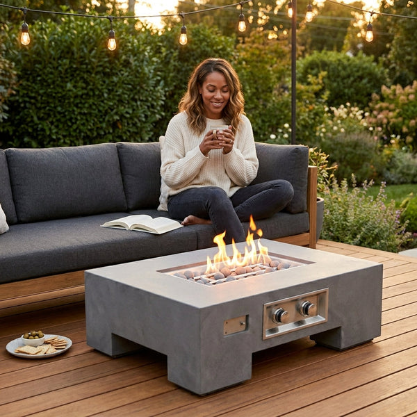 Concrete Fire Pit Table Built for Multi-Function Use, Rectangular Design, Ceramic Sphere Guard, Outdoor Dining