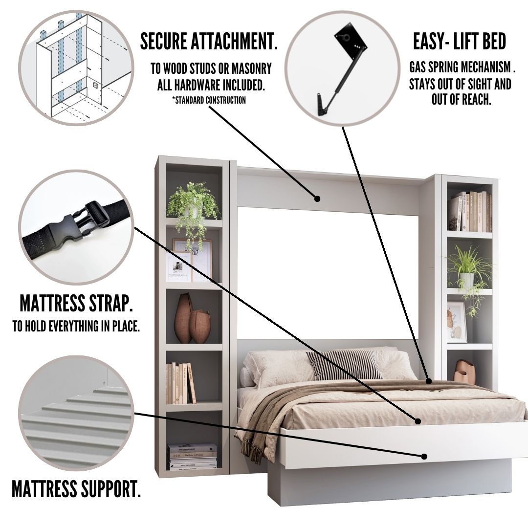 Easy-Lift Queen Murphy Wall Bed in Dark Grey with Two Bookshelves
