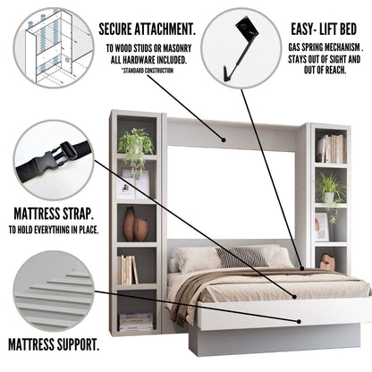 Easy-Lift Queen Murphy Wall Bed in Dark Grey with Two Bookshelves