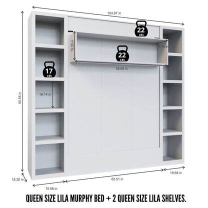 Easy-Lift Queen Murphy Wall Bed in Dark Grey with Two Bookshelves