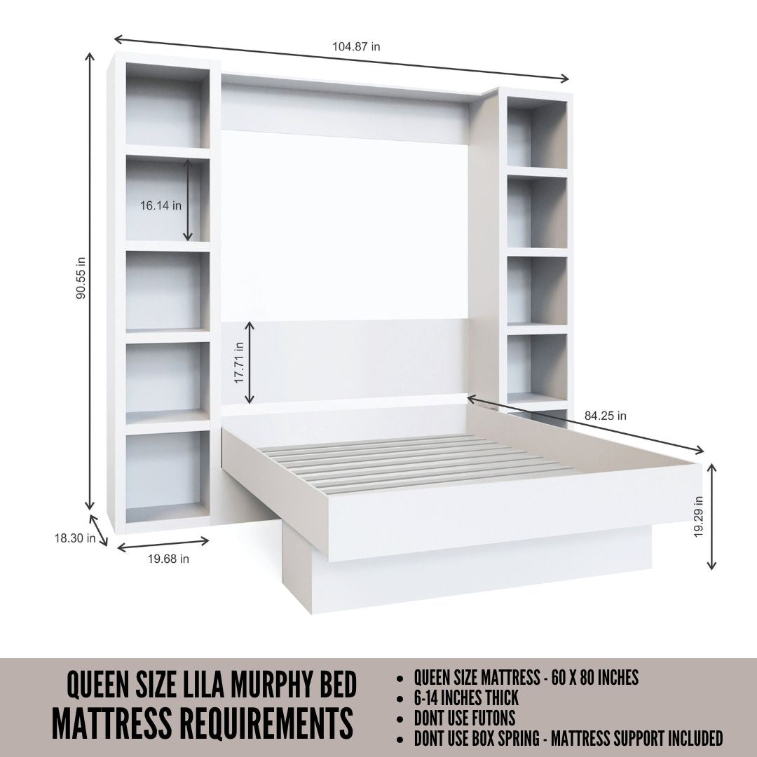 Easy-Lift Queen Murphy Wall Bed in Brown Wood Grain with Two Bookshelves