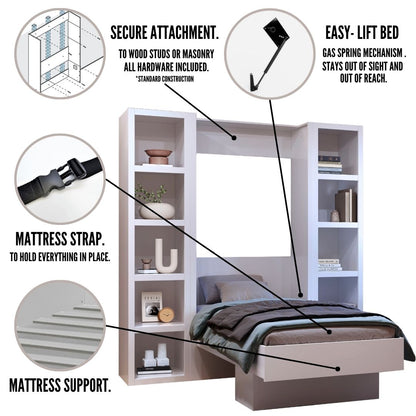 Easy-Lift Twin Murphy Wall Bed in Black with Two Bookshelves