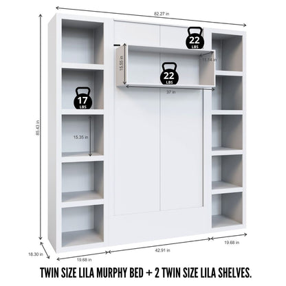 Easy-Lift Twin Murphy Wall Bed in Dark Grey with Two Bookshelves