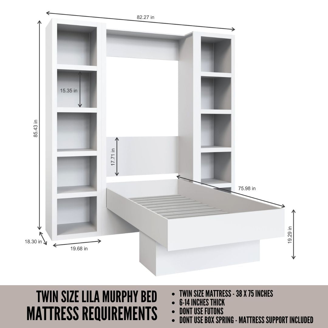 Easy-Lift Twin Murphy Wall Bed in Natural Brown Wood Grain with Two Bookshelves