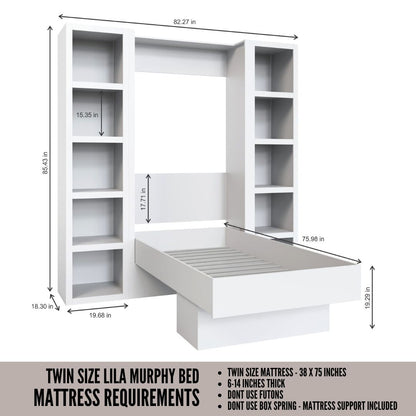 Easy-Lift Twin Murphy Wall Bed in Dark Grey with Two Bookshelves