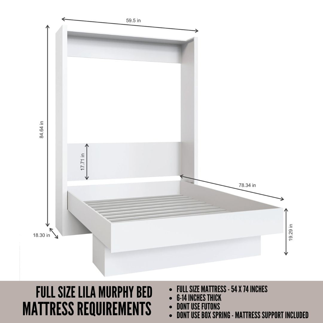 Easy-Lift Full Murphy Wall Bed in White with Shelf
