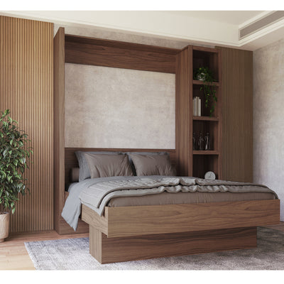Easy-Lift Queen Murphy Wall Bed in Brown Wood Grain with Bookshelf