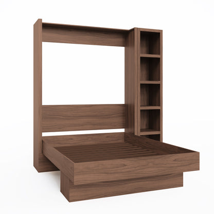 Easy-Lift Queen Murphy Wall Bed in Brown Wood Grain with Bookshelf