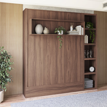 Easy-Lift Queen Murphy Wall Bed in Brown Wood Grain with Bookshelf